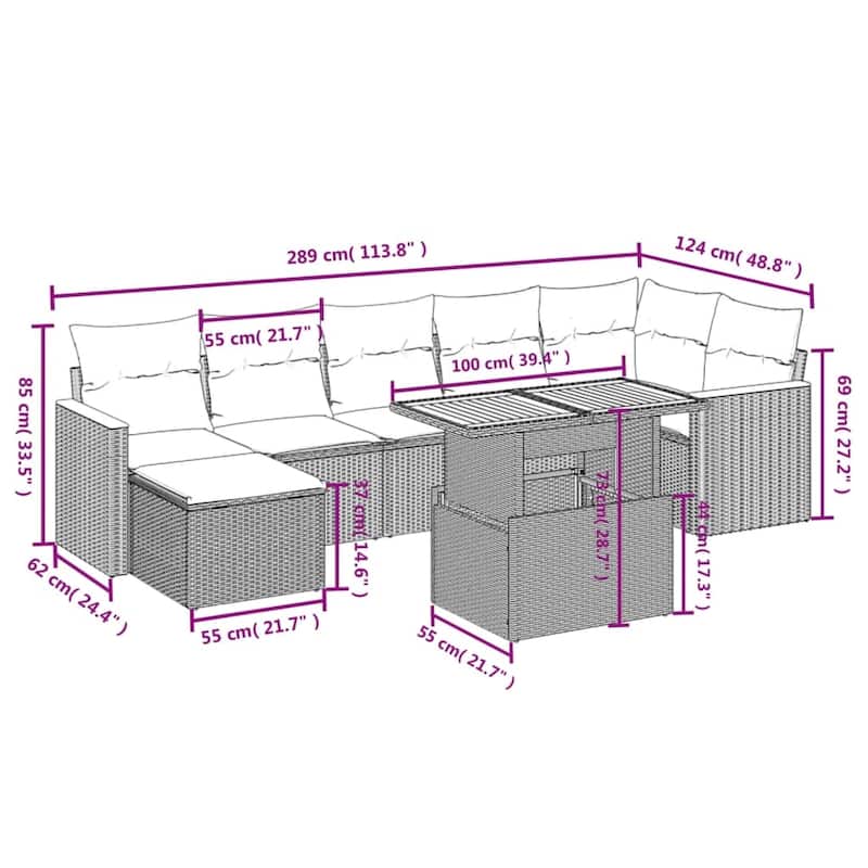 vidaXL Patio Sofa Set with Cushions Outdoor Furniture 7/8 Piece Poly Rattan - 24.4 x 24.4 x 27.2