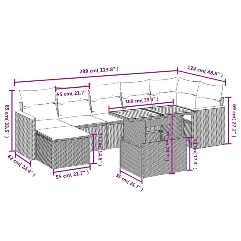 vidaXL Patio Sofa Set with Cushions Table and Stool 8 Piece Poly Rattan Acacia - 21.7 x 39.4 x 28.7 in
