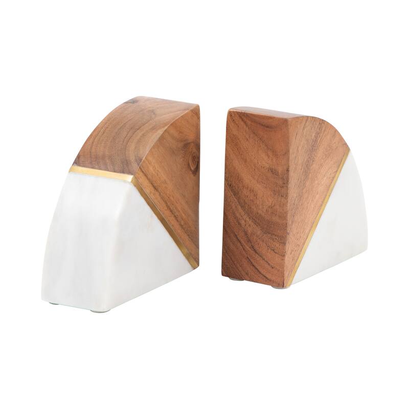 Decorative Wood and Marble Bookends - 5", White & Brown - 4.5"