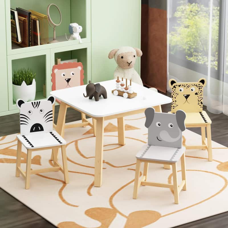 Anmytek 5-Piece Kids Table and Chair Set with Animal Themed Chairs, Solid Wood Children's Furniture for Playroom - White