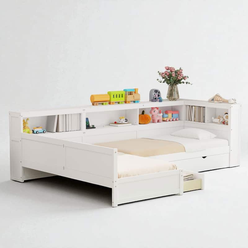 Twin Size L-Shaped Platform Bed with Trundle, Storage Drawer, Shelves, USB Charging Station, Solid Wood Frame