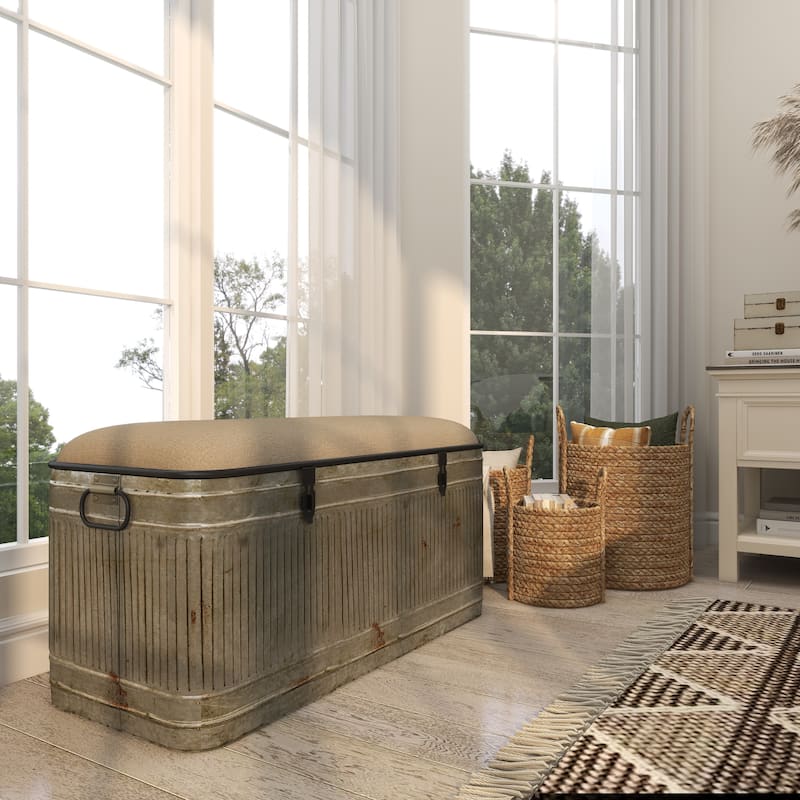 Gray Metal Galvanized Storage Bench with Cream Upholstered Burlap Top Seat - 2 Sizes