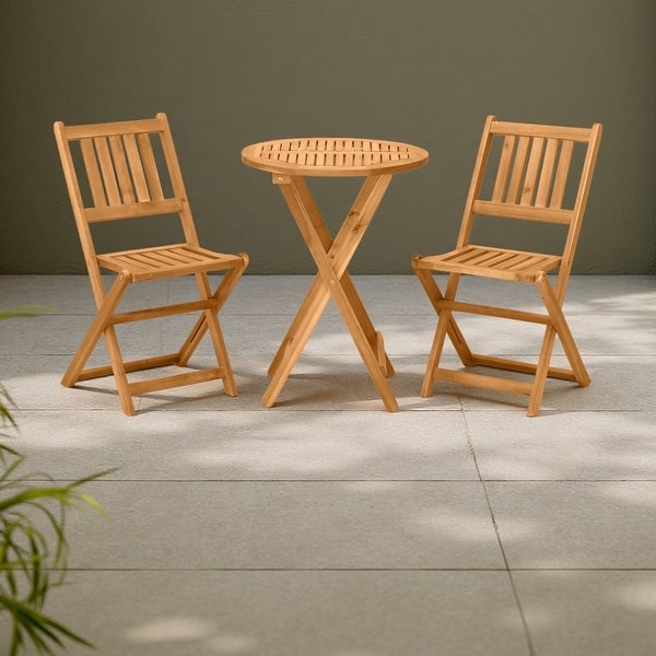 slide 2 of 8, 3-Pieces Folding Wood Bistro Set with 2 Folding Chairs and Round Coffee Table Natural