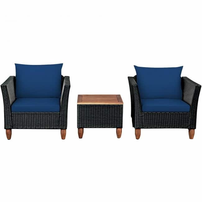 3 Pcs Outdoor Patio Rattan Furniture Set Wooden Table Top Cushioned Sofa - 29" x 27" x 28" (L x W x H)