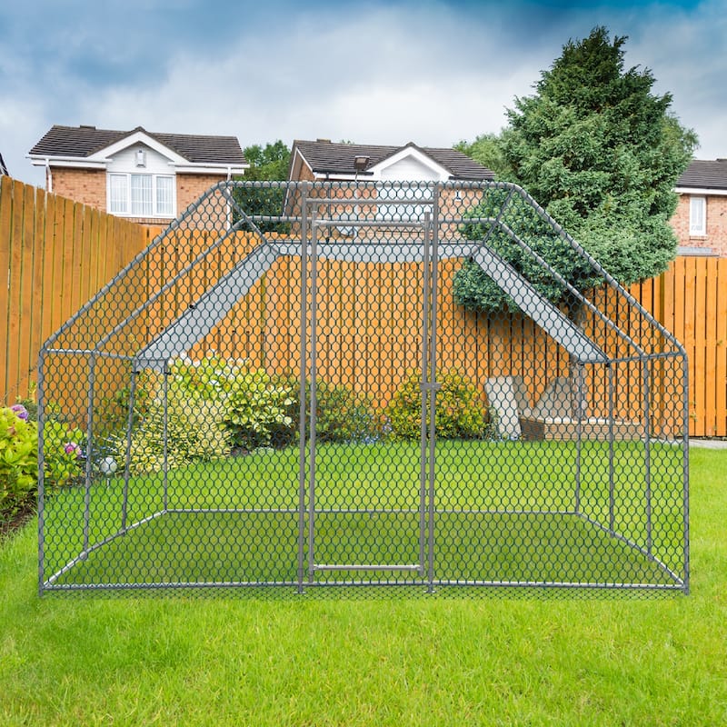 20 x 10 ft Metal Chicken Coop, Walk-in Poultry Cage for Outdoor - Silver