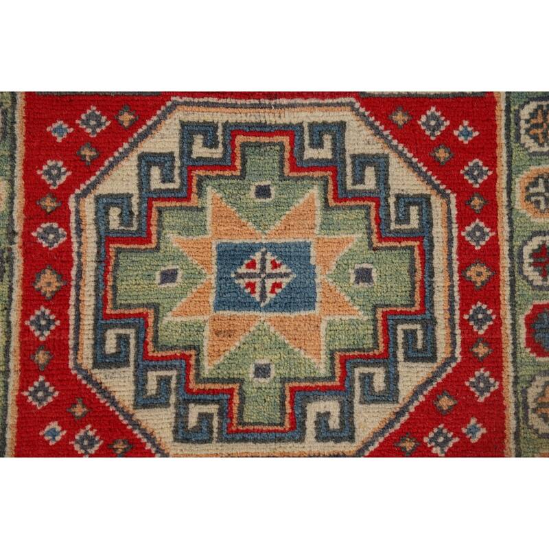 Geometric Kazak Runner Rug Hand-Knotted Oriental Red Wool Carpet - 2'9" x 9'11"
