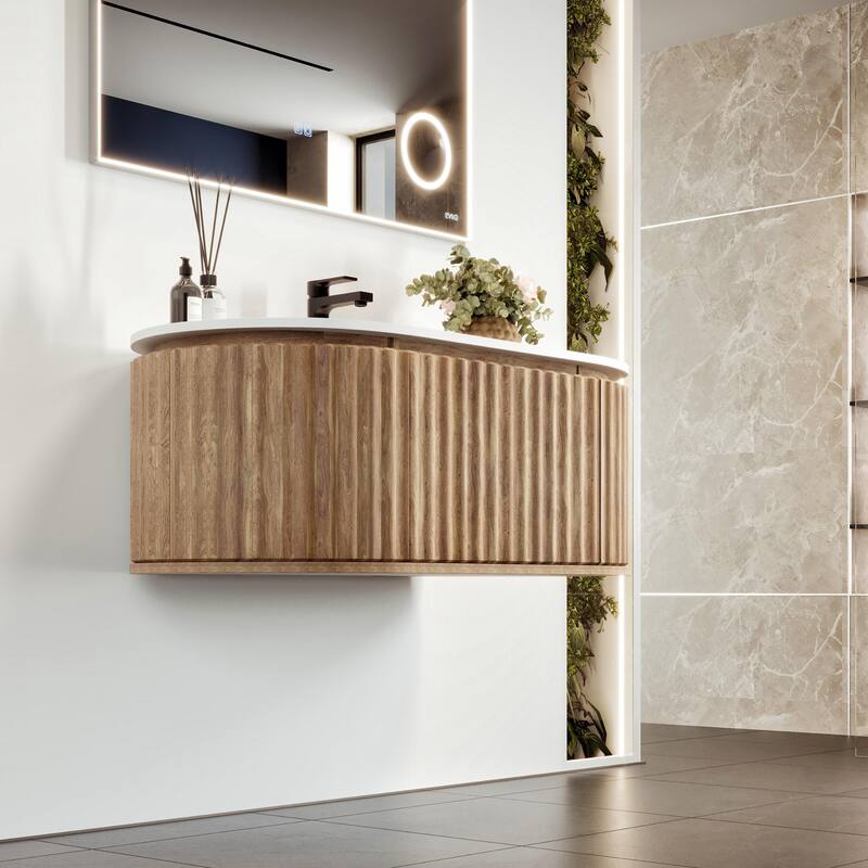 Haven 39"W Medium Oak Wallmount Bath Vanity with Integrated Sink Top