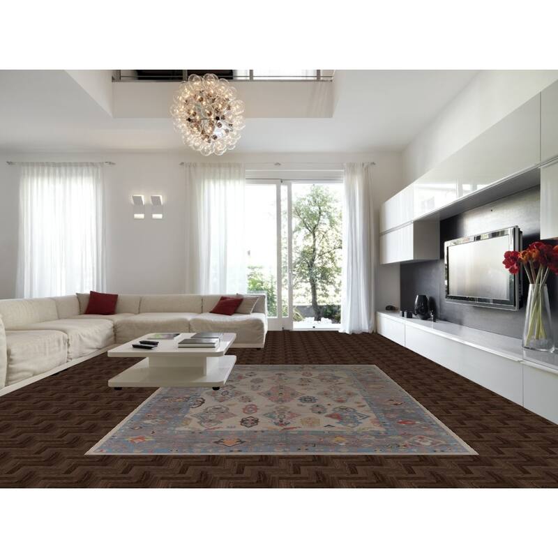 Hand Knotted Oriental 100% Wool Carpet Transitional Geometric Beige & Ivories Oushak Area Rug - 12' 4'' X 8' 11''