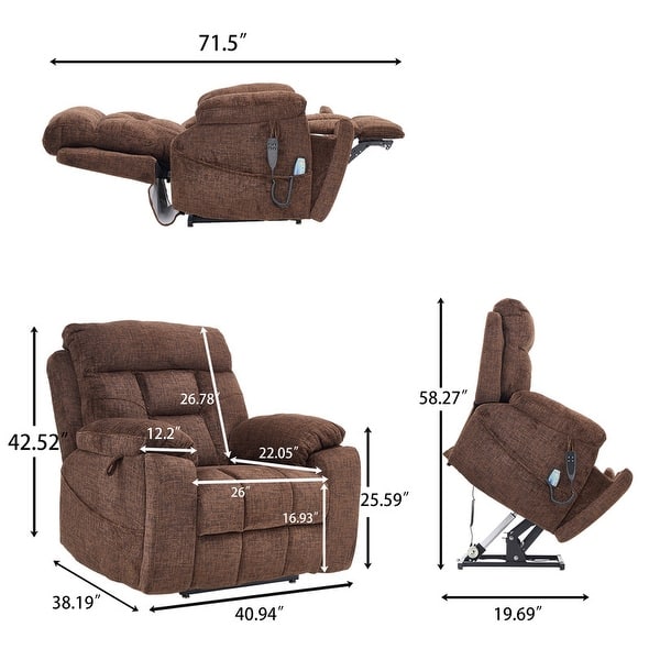 dimension image slide 0 of 3, Overstuffed Chenille Power Lift Recliner,Lay Flat 71.5 " Length, Dual Motors Recliner with Massage/Heat Infinite Position