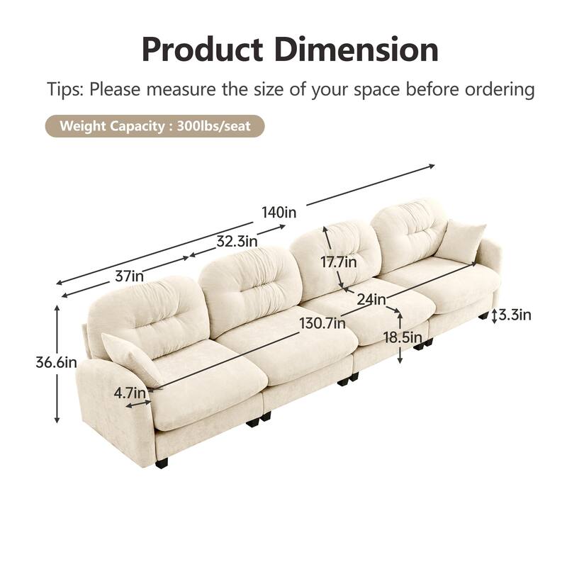 140" Oversized Modular Sofa, 4 Seater Large Sectional Couches for Living Room, Tufted Chenille Deep Seat Couch for Apartment