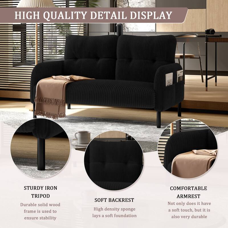 HOMEFUN Corduroy Upholstered Tufted Comfortable Wood Frame Loveseats Sofa with Double Side Pocket