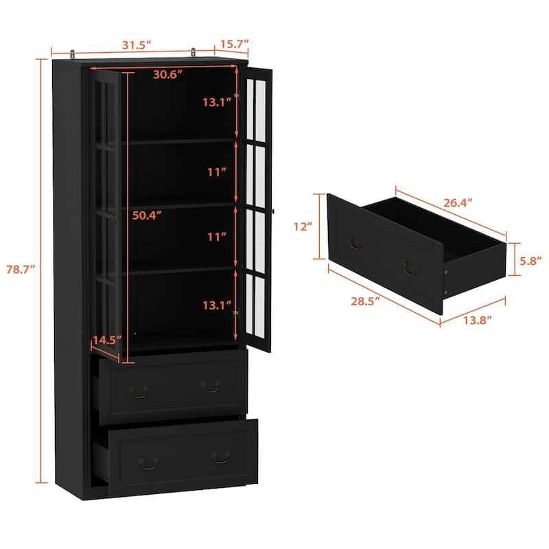 78.7"H Combo Glass Doors Display Cabinet Wooden Bookshelf Organizer