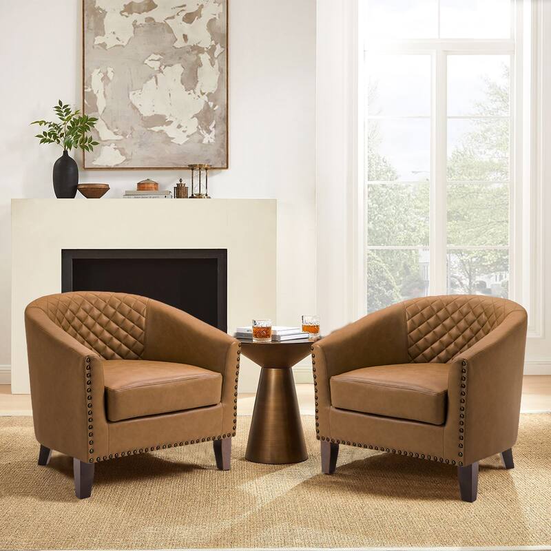 2 Set 29" W Vegan Leather Barrel Accent Chairs with Nailheads Trim