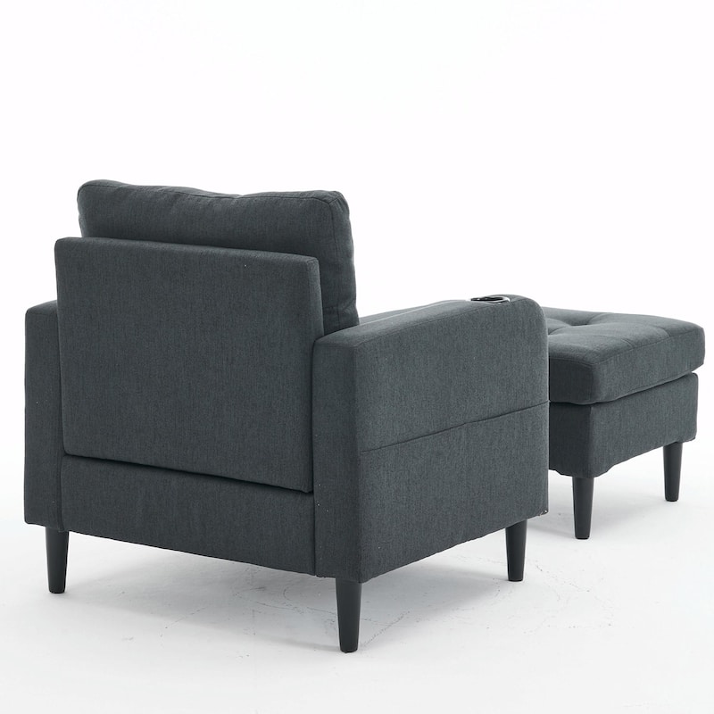 Upholstered Armchair and Storage Ottoman Set with Cup Holders and Tufted Detailing