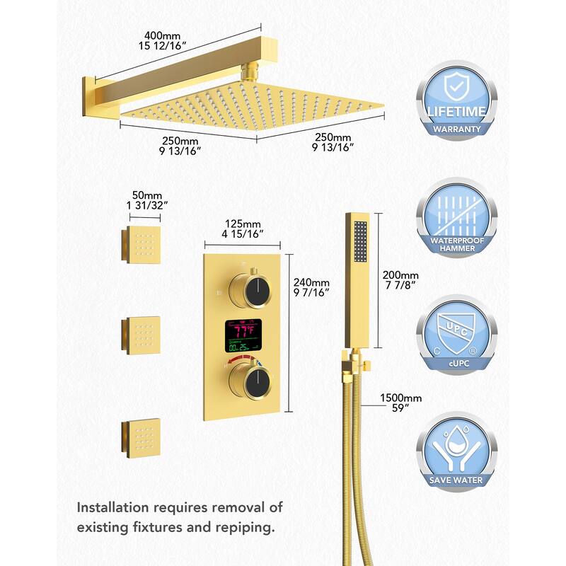 Wall-Mounted Shower Fixture System 12 in Rain Shower Head LCD Digital Thermostatic Valve Shower Faucet Set with 3 Body Jets