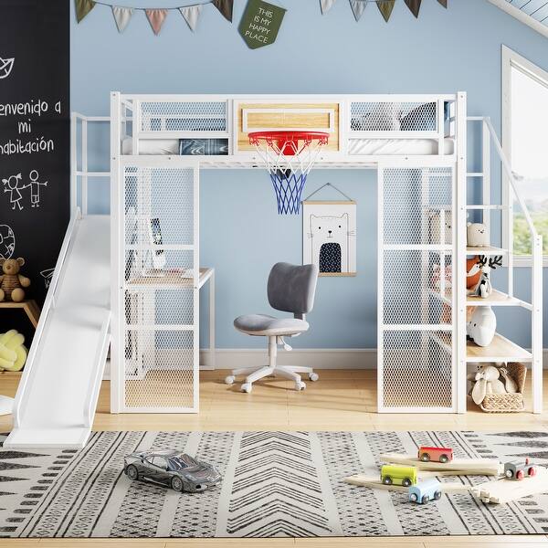 slide 2 of 24, Full Size Metal Loft bed with Desk Wardrobe Basketball Hoop Slide White - Full