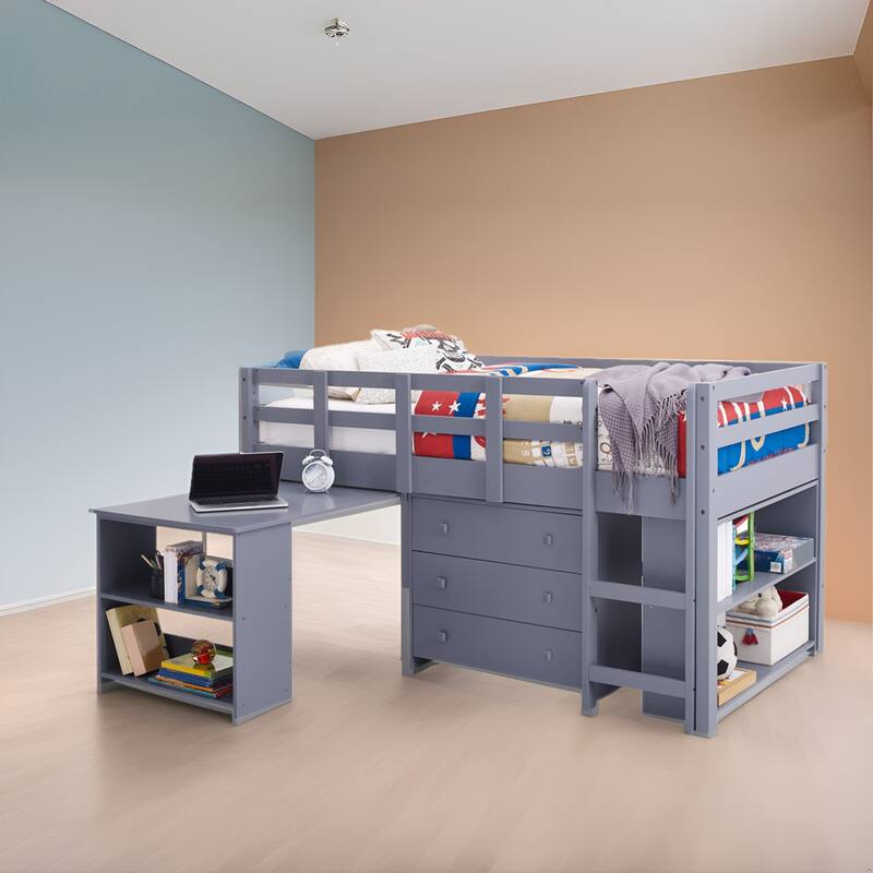 Twin Size Low Loft Bed with Desk and Storage - Kids Pine Wood Loft Bed with Cabinet and Study Space - Grey