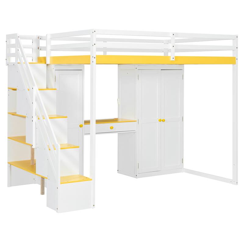 Full Size Loft Bed with Storage Staircase, Built-In Dressing Table, USB Ports & Lights by Harper&Bright Designs