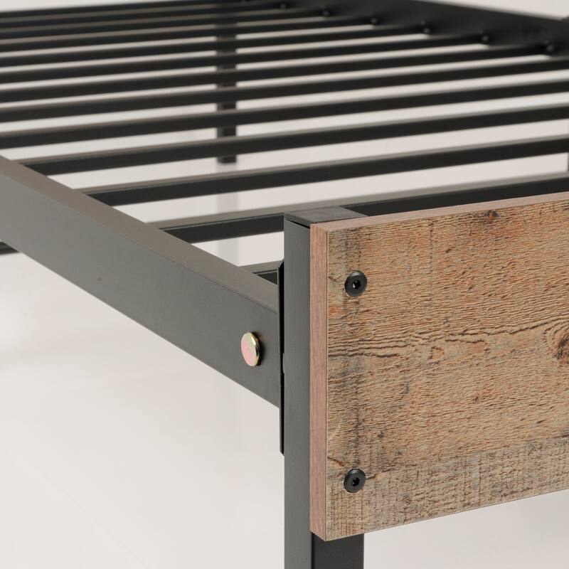 Twin Bed Frame Metal & Wood Style - Rustic Bed with Storage & Sturdy Base