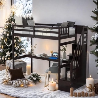 Twin Size Loft Bed with Storage Staircase and Built-in Desk, Espresso