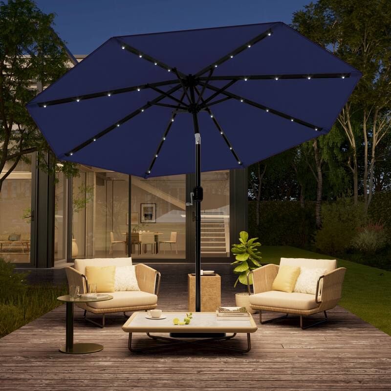 LIVOOSUN 10Ft Solar-powered Large Round Outdoor Patio Market Umbrella with Crank - Navy Blue