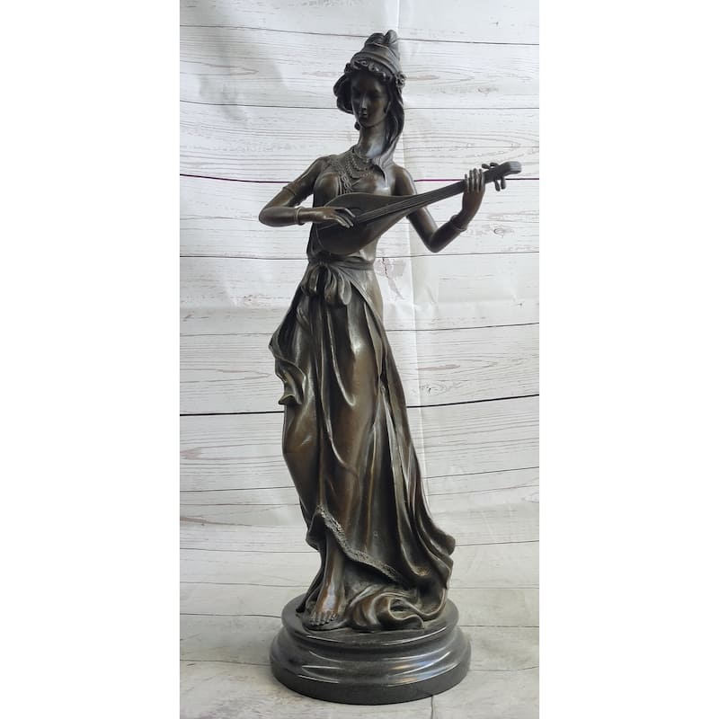 Hand Made Original Artwork By Jean Patoue Female Playing Banjo Bronze Sculpture