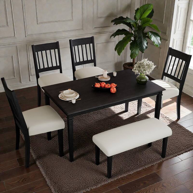 6-Piece Retro Dining Set with Wooden Table, 4 Chairs and Bench, Space-Saving Kitchen & Dining Room Furniture
