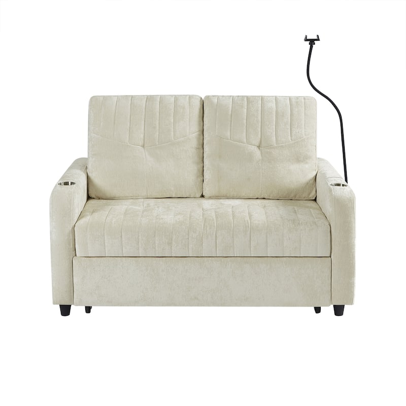 53.9" Chenille Convertible Loveseat with Pull-Out Bed, 3 USB Ports, and Smart Storage