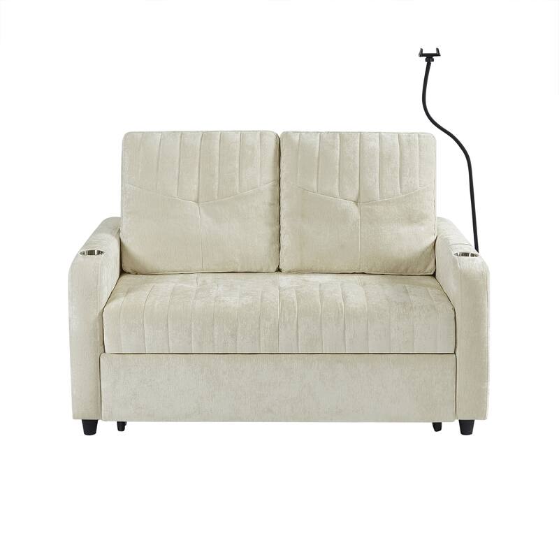 Chenille Loveseat Convertible Pull-out Sleeper Sofa Bed, Tufted Couch w2 Cup Holders Phone Holder & 3 USB Ports, Pockets