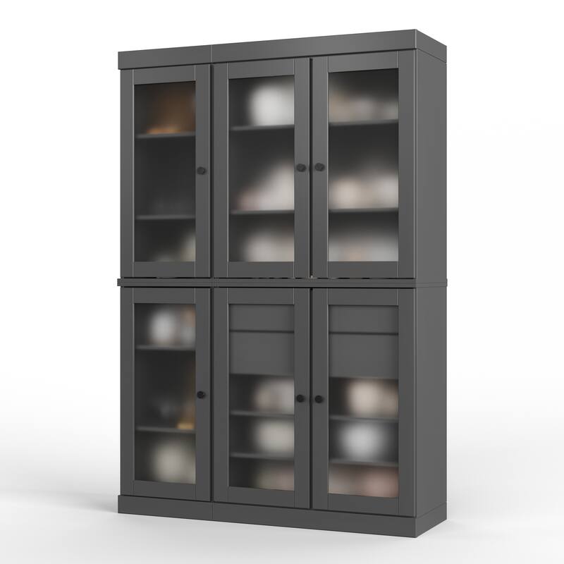100% Solid Wood 48.5" Pantry Cabinet with Frosted Glass Doors and 2-Drawers