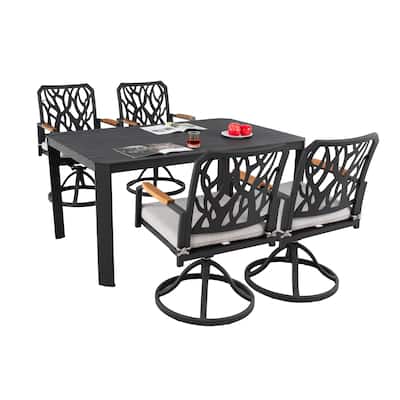 5-Piece Aluminum Dining Set - Rectangular Table and 4 Swivel Rockers, Branch Back, Bourbon Brown - 59" D x 37.4" W x 28.7" H