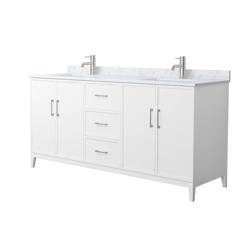 Elan 72-inch Double Vanity, Marble Top - White, Nickel Trim, White Carrara Marble Top