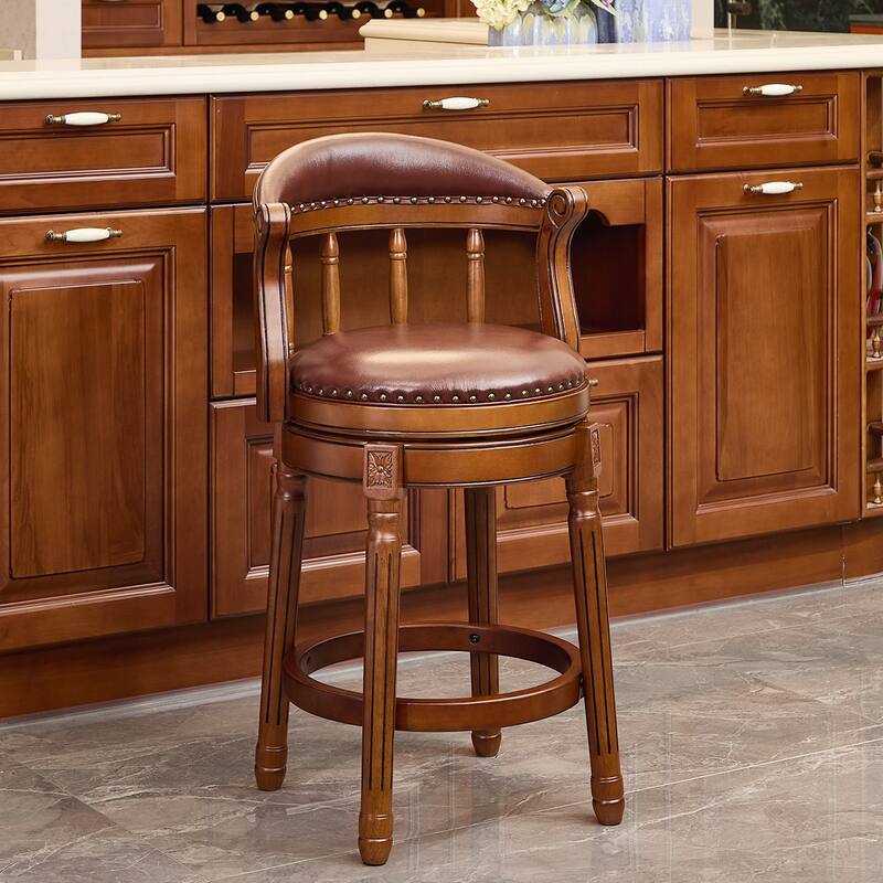 Cow Print Leather Swivel Bar Stool with Back, Wooden Frame & 360-Degree Spin, Bar Height, Brown