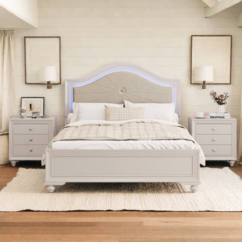 Cream Grey Bed Frame with Curved Hidden Built-in Light Upholstered Headboard Lowprofile Platform Bed Wood Slat Support Panel Bed