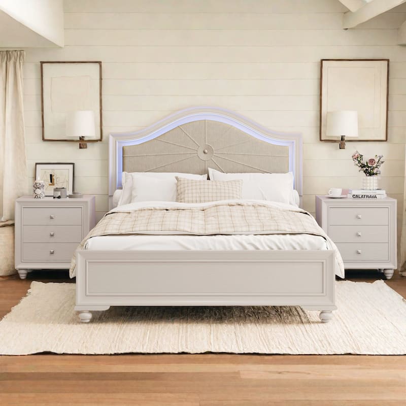 Modern Full Size Wood Bed with Curved Upholstered Headboard, Hidden LED Lights, No Box Spring Needed - Cream Grey - Queen