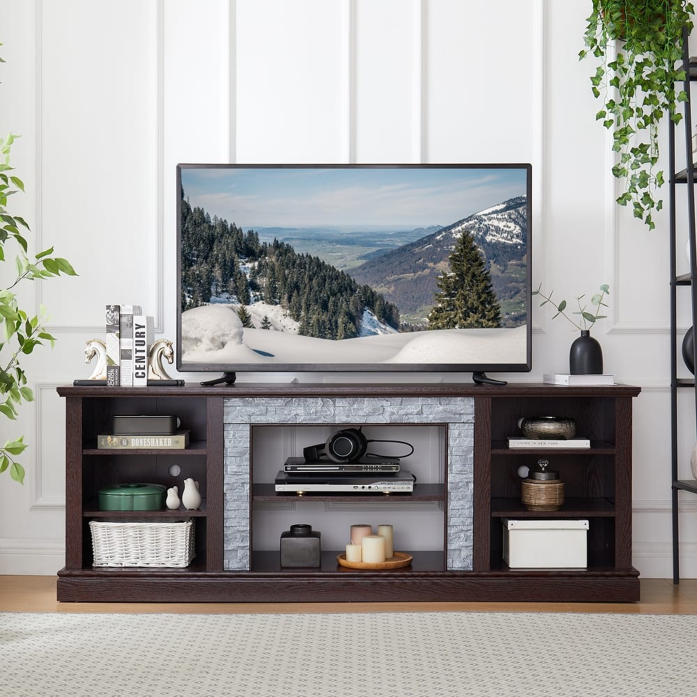 TV Media Stand with Faux Stacked Stone, Console Table with Large Storage Cabinet, Media Entertaionment Stand with Shelves