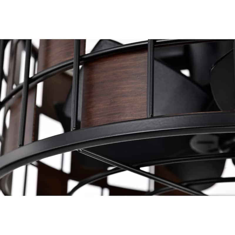 Frenda 18-Inch Matte Black and Wood Grain Finish Lighted Fandelier Checkerboard Drum Shade with REMOTE