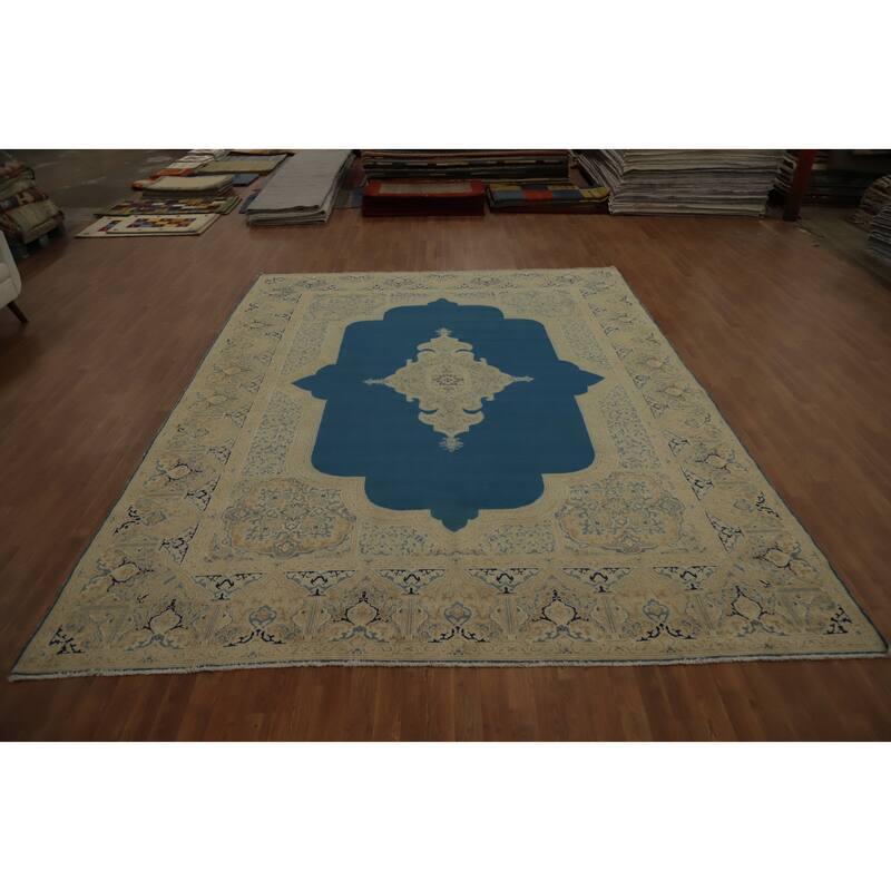 Hand Knotted Oriental 100% Wool Carpet Traditional Medallion Navy Blue & Blues Kerman Area Rug - 12' 3'' X 9' 7''