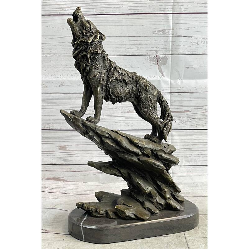 Wolf On Rock Howling At The Moon Bronze Statue Sculpture Wildlife Decor On Marble Base