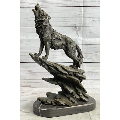 Wolf On Rock Howling At The Moon Bronze Statue Sculpture Wildlife Decor On Marble Base