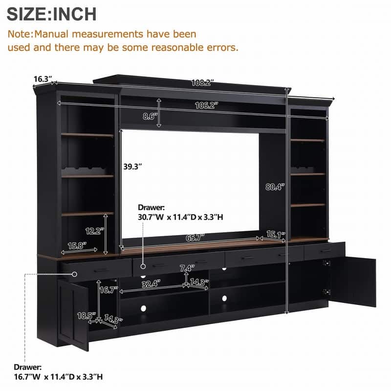 108.2"W Farmhouse 4-Piece Entertainment Wall Unit Set with Bookshelf for TVs Up to 70"