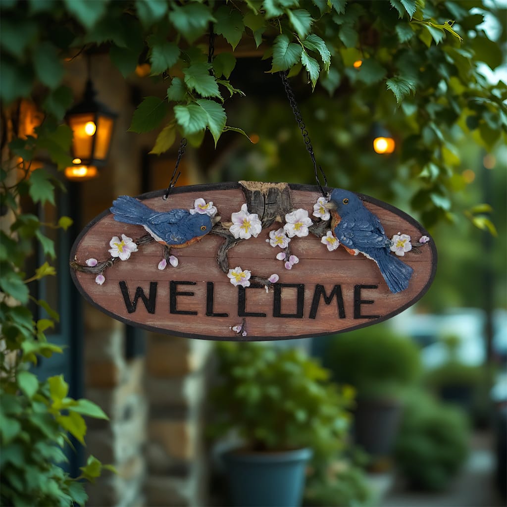 Welcome Bluebirds and Flowers Hanging Sign - 12"