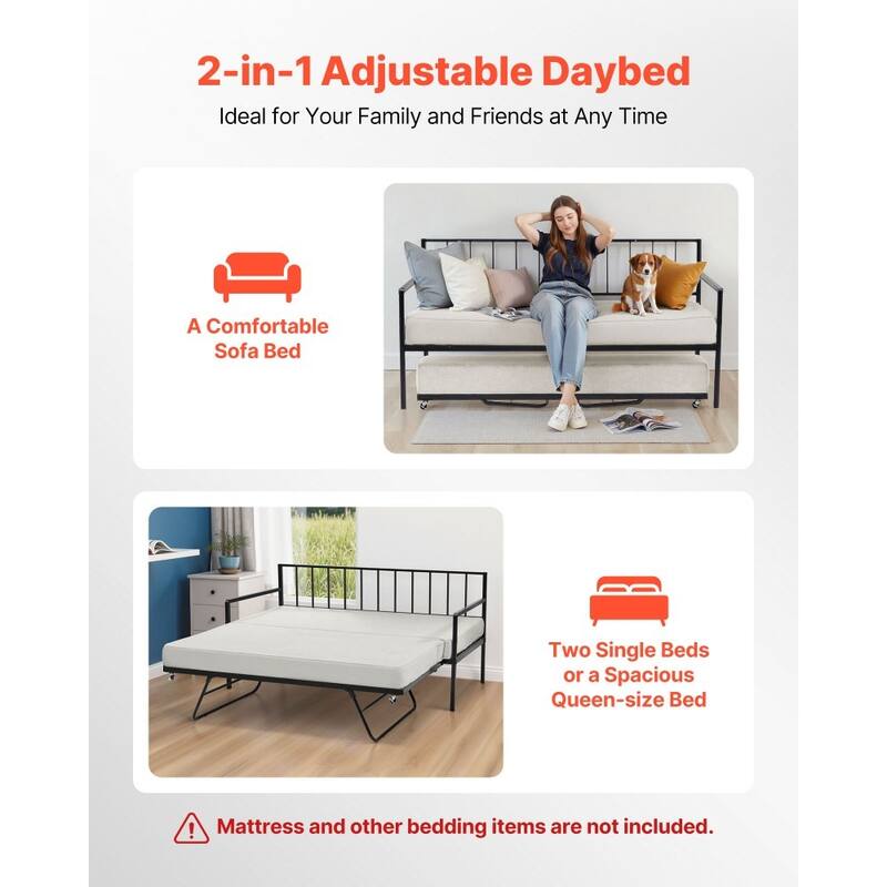 Twin Size Black LED Color Lighting Metal Daybed with Trundle USB and Type-C Ports