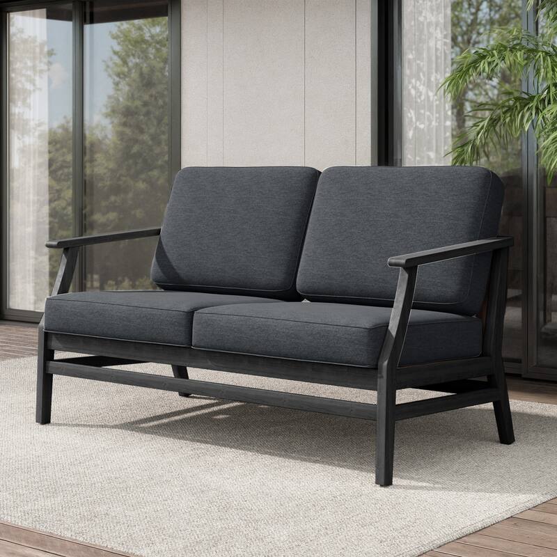 Teak Outdoor Patio Club Chairs Loveseat with Cushions - Black Wood - Loveseat/Dark Grey