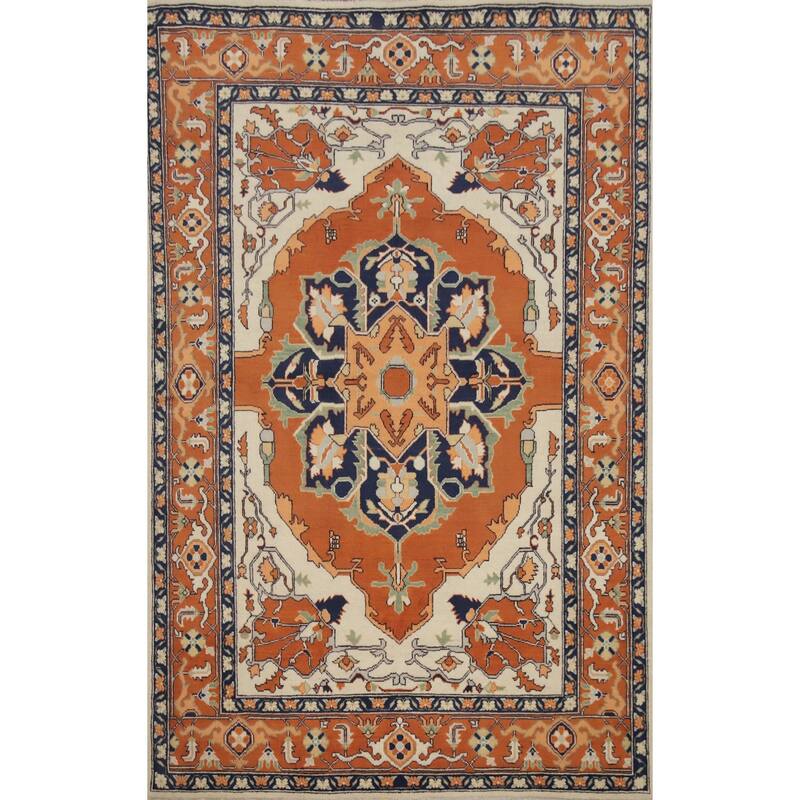 Hand Knotted Oriental 100% Wool Carpet Traditional Medallion Oranges & Rust Heriz (serapi) Area Rug - 8' 4'' X 5' 9''