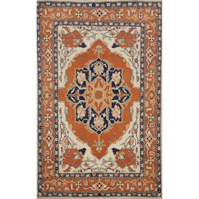 Hand Knotted Oriental 100% Wool Carpet Traditional Medallion Oranges & Rust Heriz (serapi) Area Rug - 8' 4'' X 5' 9''