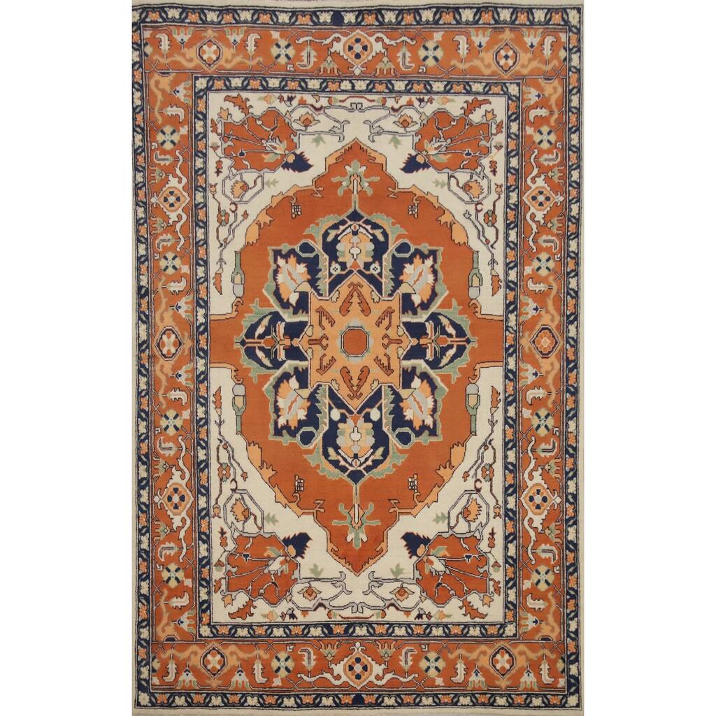 Hand Knotted Oriental 100% Wool Carpet Traditional Medallion Oranges & Rust Heriz (serapi) Area Rug - 8' 4'' X 5' 9''
