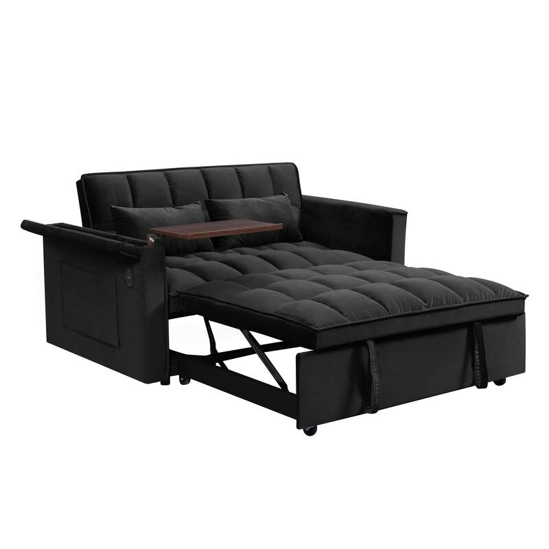 Convertible Sofa Bed, Velvet Sleeper Couch Pull-Out Bed, 55.5'' Loveseat Sleeper Sofa Bed with USB Port and Hidden Side Table