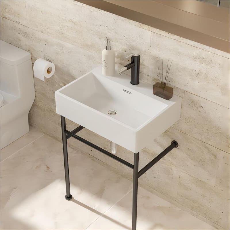 Dornberg 24" Bathroom Ceramic Console Sink White Basin and Legs with Overflow - White Basin Black Legs
