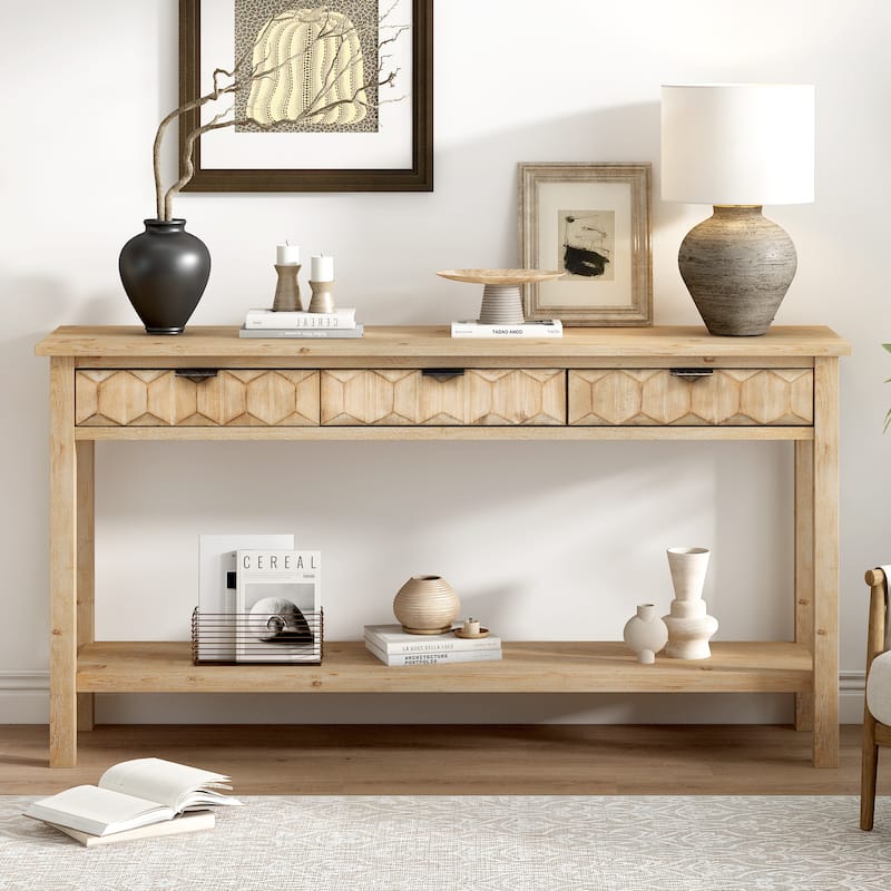 Modern 60" Console Table with 3 Drawers Honeycomb Design for Study Entryway Hallway - Natural